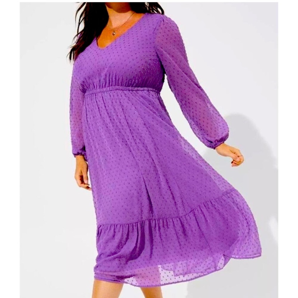 Torrid Fairie Midi Dress Sz 1X Purple Cottage Clip Dot Puff Sleeve Empire Waist